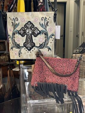 Beige Floral Cross Embellished Crossbody & Justin Convertible Bag Vegan NWT